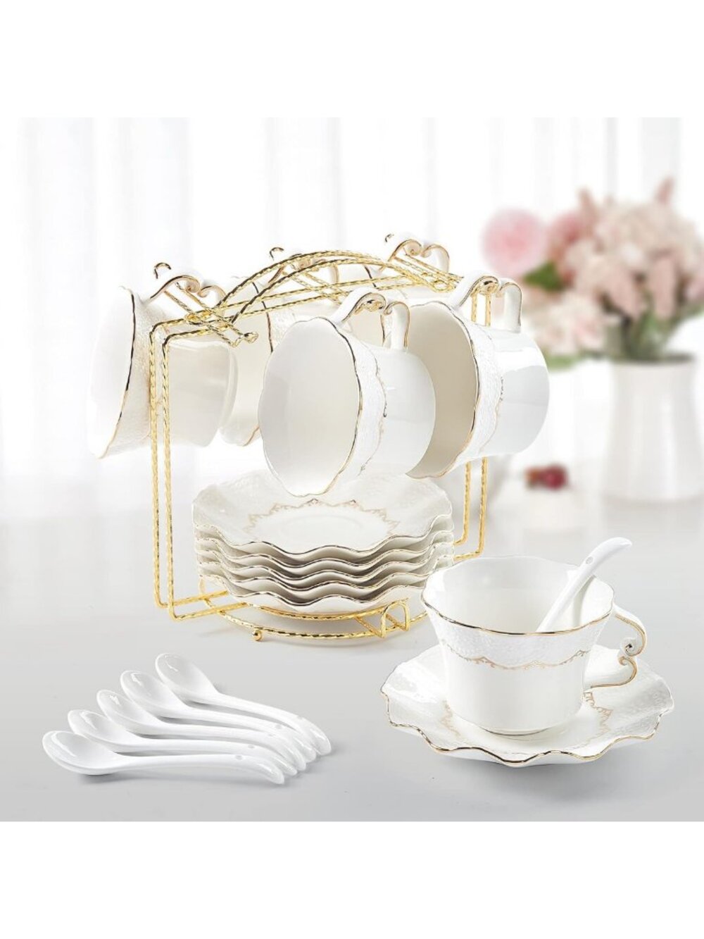 Elegant Tea Cups & Saucers Set of 6 with Gold Trim, Luxury Porcelain Coffee Cups